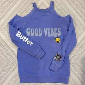 Butter Girls Cold Shoulder Purple ‘Good Vibes’ Patch Sweatshirt - Size L